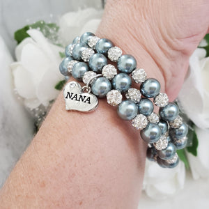 Handmade Nana pearl and pave crystal rhinestone expandable, multi-layer, wrap charm bracelet - dark grey or custom color - Nana Pearl Bracelet - Nana Wrap Bracelet - Nana Gift