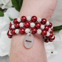 Load image into Gallery viewer, Handmade Nana pearl and pave crystal rhinestone expandable, multi-layer, wrap charm bracelet - bordeaux red or custom color - Nana Pearl Bracelet - Nana Wrap Bracelet - Nana Gift