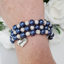 Load image into Gallery viewer, Handmade Nana pearl and pave crystal rhinestone expandable, multi-layer, wrap charm bracelet - dark blue or custom color - Nana Pearl Bracelet - Nana Wrap Bracelet - Nana Gift