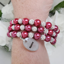 Load image into Gallery viewer, Handmade Nana pearl and pave crystal rhinestone expandable, multi-layer, wrap charm bracelet - dark pink or custom color - Nana Pearl Bracelet - Nana Wrap Bracelet - Nana Gift