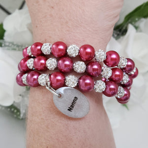 Handmade Nana pearl and pave crystal rhinestone expandable, multi-layer, wrap charm bracelet - dark pink or custom color - Nana Pearl Bracelet - Nana Wrap Bracelet - Nana Gift