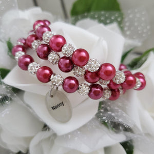 Handmade Nana pearl and pave crystal rhinestone expandable, multi-layer, wrap charm bracelet - dark pink or custom color - Nana Pearl Bracelet - Nana Wrap Bracelet - Nana Gift