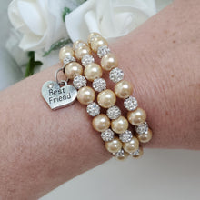 Load image into Gallery viewer, Handmade best friend pearl and crystal multi-layer, expandable, wrap charm bracelet, champagne and silver or silver and custom color - Best Friend Jewelry - Bracelets - Best Friend Gift