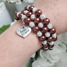 Load image into Gallery viewer, Handmade best friend pearl and crystal multi-layer, expandable, wrap charm bracelet, chocolate brown and silver or silver and custom color - Best Friend Jewelry - Bracelets - Best Friend Gift