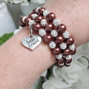 Handmade best friend pearl and crystal multi-layer, expandable, wrap charm bracelet, chocolate brown and silver or silver and custom color - Best Friend Jewelry - Bracelets - Best Friend Gift