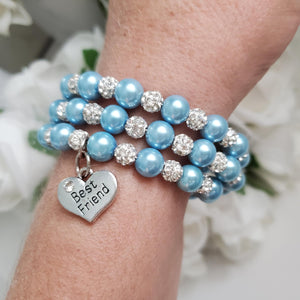 Handmade best friend pearl and crystal multi-layer, expandable, wrap charm bracelet, light blue or custom color - Best Friend Jewelry - Bracelets - Best Friend Gift