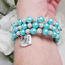 Load image into Gallery viewer, Handmade best friend pearl and crystal multi-layer, expandable, wrap charm bracelet, aquamarine blue and silver or silver and custom color - Best Friend Jewelry - Bracelets - Best Friend Gift