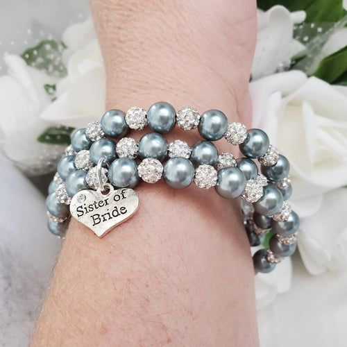 Handmade sister of the bride pearl and pave crystal rhinestone expandable, multi-layer, wrap charm bracelet - dark grey or custom color - Sister of the Bride Bracelet - Wedding Party Gift