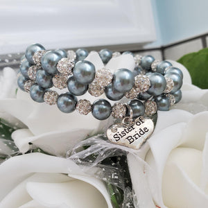 Handmade Sister of the Bride expandable, multi-layer, wrap pearl and pave crystal rhinestone charm bracelet - dark grey or custom color - Sister of the Groom Gift - Bridal Bracelet