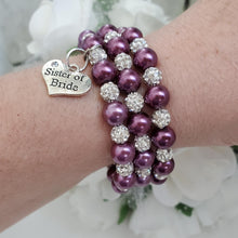 Load image into Gallery viewer, Handmade Sister of the Bride expandable, multi-layer, wrap pearl and pave crystal rhinestone charm bracelet - burgundy red or custom color - Sister of the Groom Gift - Bridal Bracelet