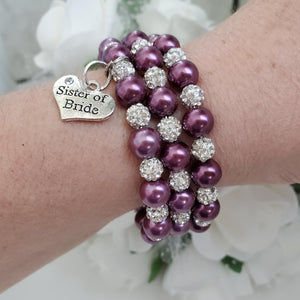 Handmade Sister of the Bride expandable, multi-layer, wrap pearl and pave crystal rhinestone charm bracelet - burgundy red or custom color - Sister of the Groom Gift - Bridal Bracelet