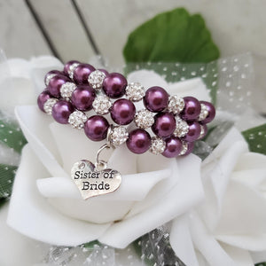 Handmade sister of the bride pearl and pave crystal rhinestone expandable, multi-layer, wrap charm bracelet - burgundy red or custom color - Sister of the Bride Bracelet - Wedding Party Gift