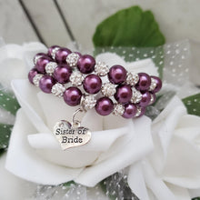 Load image into Gallery viewer, Handmade Sister of the Bride expandable, multi-layer, wrap pearl and pave crystal rhinestone charm bracelet - burgundy red or custom color - Sister of the Groom Gift - Bridal Bracelet