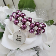 Load image into Gallery viewer, Handmade sister of the bride pearl and pave crystal rhinestone expandable, multi-layer, wrap charm bracelet - burgundy red or custom color - Sister of the Bride Bracelet - Wedding Party Gift