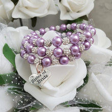 Load image into Gallery viewer, Handmade sister of the bride pearl and pave crystal rhinestone expandable, multi-layer, wrap charm bracelet - lavender purple or custom color - Sister of the Bride Bracelet - Wedding Party Gift