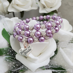 Handmade Sister of the Bride expandable, multi-layer, wrap pearl and pave crystal rhinestone charm bracelet - lavender purple or custom color - Sister of the Groom Gift - Bridal Bracelet