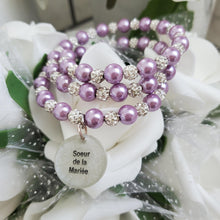 Load image into Gallery viewer, Handmade Sister of the Bride expandable, multi-layer, wrap pearl and pave crystal rhinestone charm bracelet - lavender purple or custom color - Sister of the Groom Gift - Bridal Bracelet