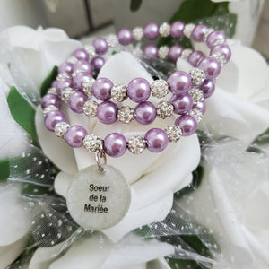 Handmade sister of the bride pearl and pave crystal rhinestone expandable, multi-layer, wrap charm bracelet - lavender purple or custom color - Sister of the Bride Bracelet - Wedding Party Gift