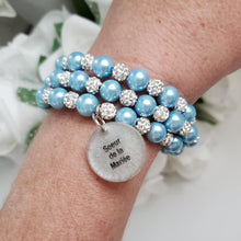 Load image into Gallery viewer, Handmade sister of the bride pearl and pave crystal rhinestone expandable, multi-layer, wrap charm bracelet - light blue or custom color - Sister of the Bride Bracelet - Wedding Party Gift