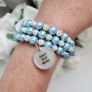Handmade sister of the bride pearl and pave crystal rhinestone expandable, multi-layer, wrap charm bracelet - light blue or custom color - Sister of the Bride Bracelet - Wedding Party Gift