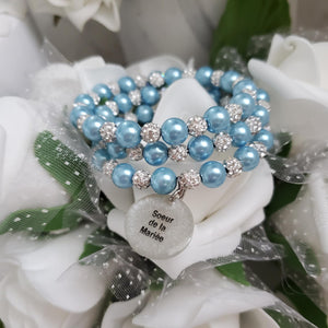 Handmade sister of the bride pearl and pave crystal rhinestone expandable, multi-layer, wrap charm bracelet - light blue or custom color - Sister of the Bride Bracelet - Wedding Party Gift