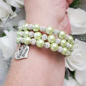 Handmade sister of the bride pearl and pave crystal rhinestone expandable, multi-layer, wrap charm bracelet - light green or custom color - Sister of the Bride Bracelet - Wedding Party Gift