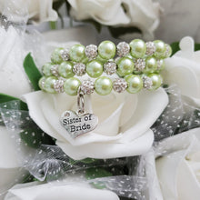 Load image into Gallery viewer, Handmade sister of the bride pearl and pave crystal rhinestone expandable, multi-layer, wrap charm bracelet - light green or custom color - Sister of the Bride Bracelet - Wedding Party Gift