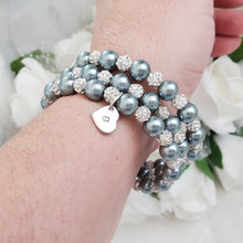 Load image into Gallery viewer, Handmade Personalized Initial Pearl and Pave Crystal Rhinestone Multi-Layer, Expandable Wrap Charm Bracelet - dark grey or custom color - Monogram Pearl Bracelet - Bracelet - Initial Bracelet