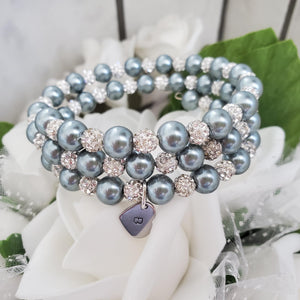Handmade Personalized Initial Pearl and Pave Crystal Rhinestone Multi-Layer, Expandable Wrap Charm Bracelet - dark grey or custom color - Monogram Pearl Bracelet - Bracelet - Initial Bracelet