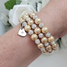 Load image into Gallery viewer, Handmade Personalized Initial Pearl and Pave Crystal Rhinestone Multi-Layer, Expandable Wrap Charm Bracelet - champagne or custom color - Monogram Pearl Bracelet - Bracelet - Initial Bracelet