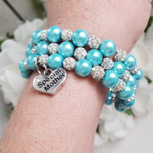 Load image into Gallery viewer, Handmade special mother pearl and pave crystal rhinestone multi-layer, expandable, wrap charm bracelet - aquamarine blue or custom color - #1 Mom Bracelet - Special Mother Gift - Mom Bracelet