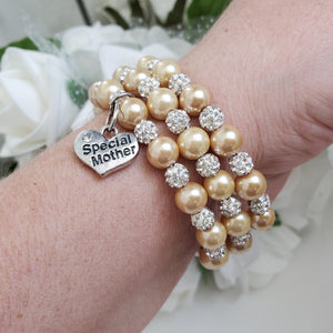 Handmade special mother pearl and pave crystal rhinestone multi-layer, expandable, wrap charm bracelet - champagne or custom color - #1 Mom Bracelet - Special Mother Gift - Mom Bracelet