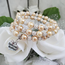 Load image into Gallery viewer, Handmade special mother pearl and pave crystal rhinestone multi-layer, expandable, wrap charm bracelet - champagne or custom color - #1 Mom Bracelet - Special Mother Gift - Mom Bracelet