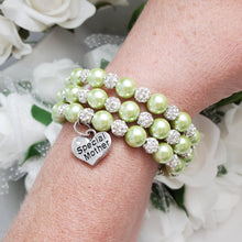 Load image into Gallery viewer, Handmade special mother pearl and pave crystal rhinestone multi-layer, expandable, wrap charm bracelet - light green or custom color - #1 Mom Bracelet - Special Mother Gift - Mom Bracelet
