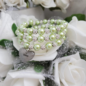 Handmade sister pearl and pave crystal rhinestone expandable, multi-layer, wrap charm bracelet - light green or custom color - Sister Pearl Bracelet - Sister Bracelet - Sister Gift