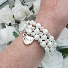 Load image into Gallery viewer, Handmade sister pearl and pave crystal rhinestone expandable, multi-layer, wrap charm bracelet - ivory or custom color - Sister Pearl Bracelet - Sister Bracelet - Sister Gift