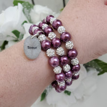 Load image into Gallery viewer, Handmade sister pearl and pave crystal rhinestone expandable, multi-layer, wrap charm bracelet - burgundy red or custom color - Sister Pearl Bracelet - Sister Bracelet - Sister Gift