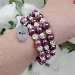 Handmade sister pearl and pave crystal rhinestone expandable, multi-layer, wrap charm bracelet - burgundy red or custom color - Sister Pearl Bracelet - Sister Bracelet - Sister Gift