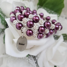 Load image into Gallery viewer, Handmade sister pearl and pave crystal rhinestone expandable, multi-layer, wrap charm bracelet - burgundy red or custom color - Sister Pearl Bracelet - Sister Bracelet - Sister Gift
