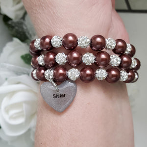 Handmade sister pearl and pave crystal rhinestone expandable, multi-layer, wrap charm bracelet - chocolate brown or custom color - Sister Pearl Bracelet - Sister Bracelet - Sister Gift