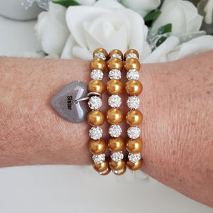 Handmade sister pearl and pave crystal rhinestone expandable, multi-layer, wrap charm bracelet - copper or custom color - Sister Pearl Bracelet - Sister Bracelet - Sister Gift