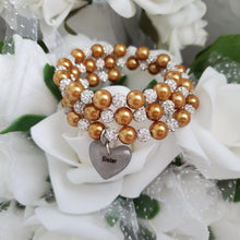 Load image into Gallery viewer, Handmade sister pearl and pave crystal rhinestone expandable, multi-layer, wrap charm bracelet - copper or custom color - Sister Pearl Bracelet - Sister Bracelet - Sister Gift
