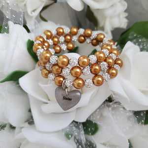 Handmade sister pearl and pave crystal rhinestone expandable, multi-layer, wrap charm bracelet - copper or custom color - Sister Pearl Bracelet - Sister Bracelet - Sister Gift