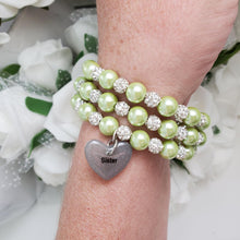 Load image into Gallery viewer, Handmade sister pearl and pave crystal rhinestone expandable, multi-layer, wrap charm bracelet - light green or custom color - Sister Pearl Bracelet - Sister Bracelet - Sister Gift
