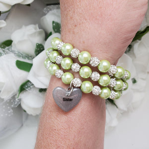 Handmade sister pearl and pave crystal rhinestone expandable, multi-layer, wrap charm bracelet - light green or custom color - Sister Pearl Bracelet - Sister Bracelet - Sister Gift