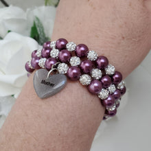 Load image into Gallery viewer, Handmade mother pearl and pave crystal rhinestone expandable, multi-layer, wrap charm bracelet, silver and burgundy red or custom color - Mother Bracelet - Mother Jewelry - Mother Gift