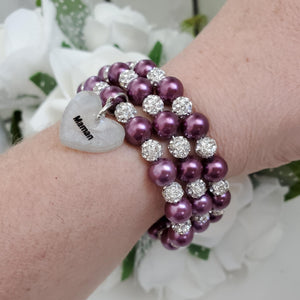Handmade mother pearl and pave crystal rhinestone expandable, multi-layer, wrap charm bracelet, silver and burgundy red or custom color - Mother Bracelet - Mother Jewelry - Mother Gift