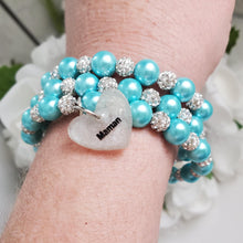 Load image into Gallery viewer, Handmade mother pearl and pave crystal rhinestone expandable, multi-layer, wrap charm bracelet, silver and aquamarine blue or custom color - Mother Bracelet - Mother Jewelry - Mother Gift