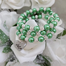 Load image into Gallery viewer, Handmade best mom ever pearl and pave crystal rhinestone multi-layer, expandable, wrap charm bracelet - green or custom color - #1 Mom Bracelet - Special Mother Gift - Mom Bracelet