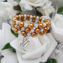 Load image into Gallery viewer, Handmade Sister of the Groom expandable, multi-layer, wrap pearl and pave crystal rhinestone charm bracelet - copper or custom color - Sister of the Groom Gift - Bridal Bracelet